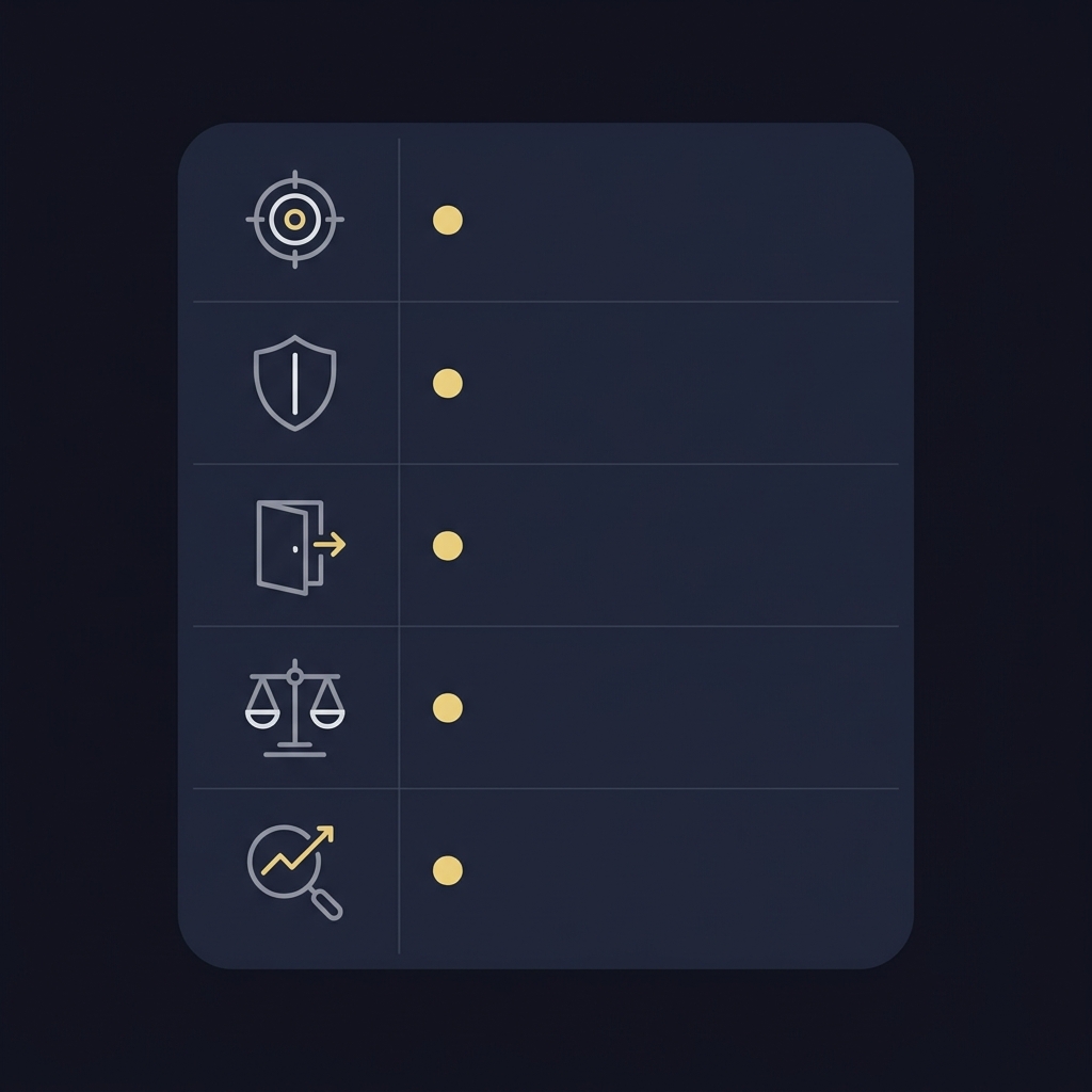 Minimal 2D vector checklist showing objectives risk budget exits rebalancing and monitoring to illustrate How to Balance Opportunity and Capital Preservation in a clean Funded Plays style