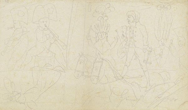 Jahrmarkt  Oder Zirkusszenen Musikanten Mann Auf Zwei Pferden Stehend Ca 1788  1