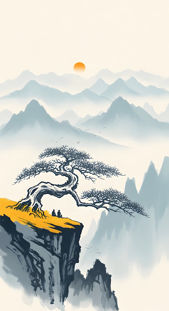 Zen Ink Wash Landscape with Gnarled Tree on Cliff - Free mobile Wallpaper