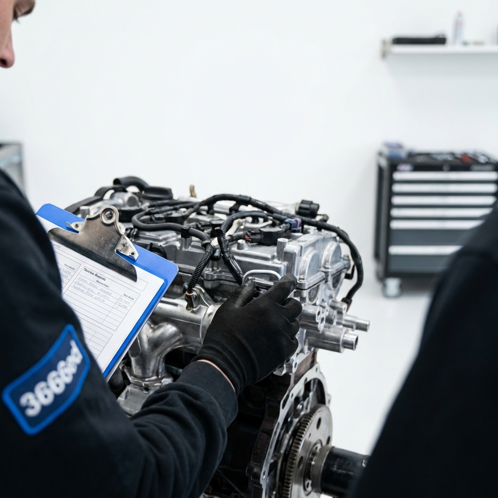 Close shot of a mechanic inspecting an engine bay with clipboard service records nearby on a clean white background with blue accents old cars for sale