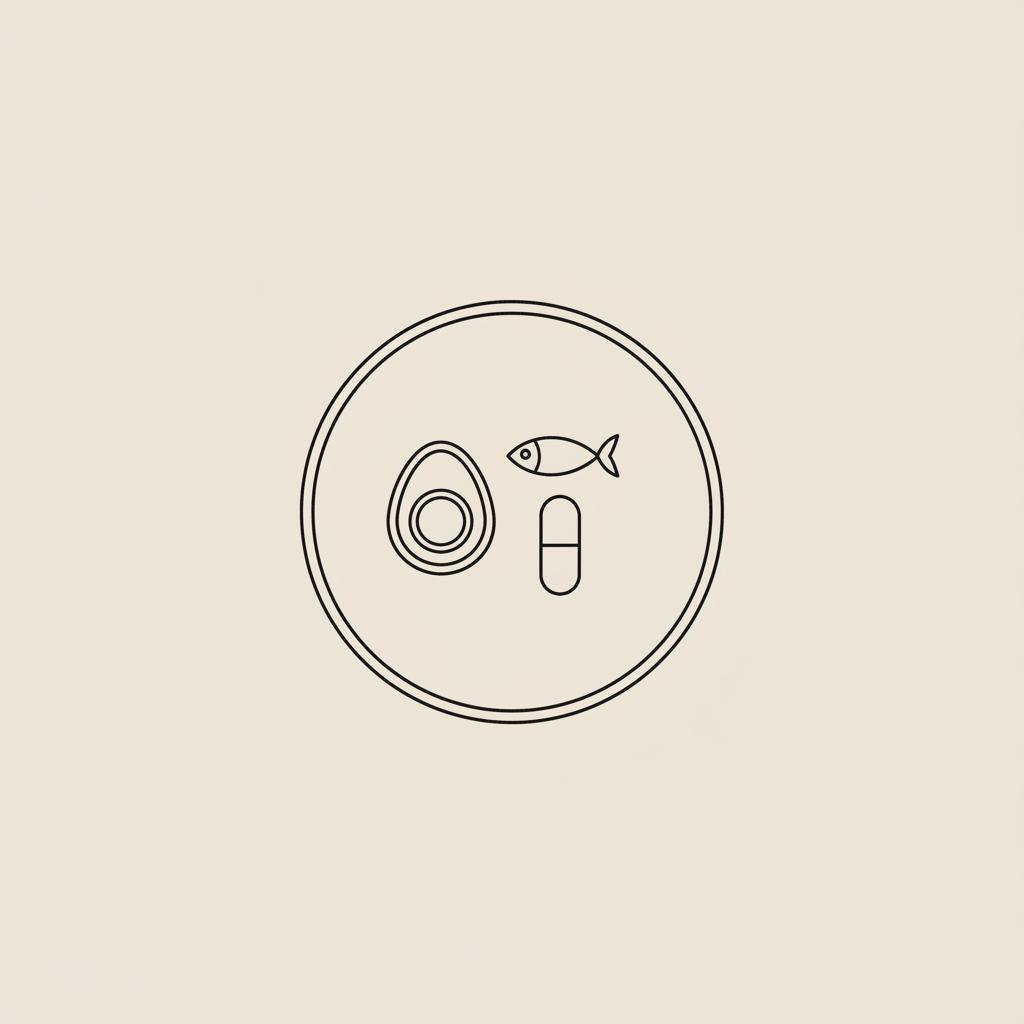 Minimalist Tonum-style line illustration of a plate with an egg, fish silhouette, and capsule on beige background, symbolizing food and supplement to boost female metabolism.
