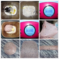 Cho nếp than vào nồi áp suất, thêm một ít nước, nấu chín và bắc ra để nguội. Sau đó, cho bột mì, trứng gà, kem whipping, sữa tươi, đường trắng, sữa bột, 3gr muối, 3gr men nở với nếp than, trộn đều khoảng 20 phút. Cho tiếp bơ vào, trộn đều thêm 20 phút để tạo một khối bột dẻo.