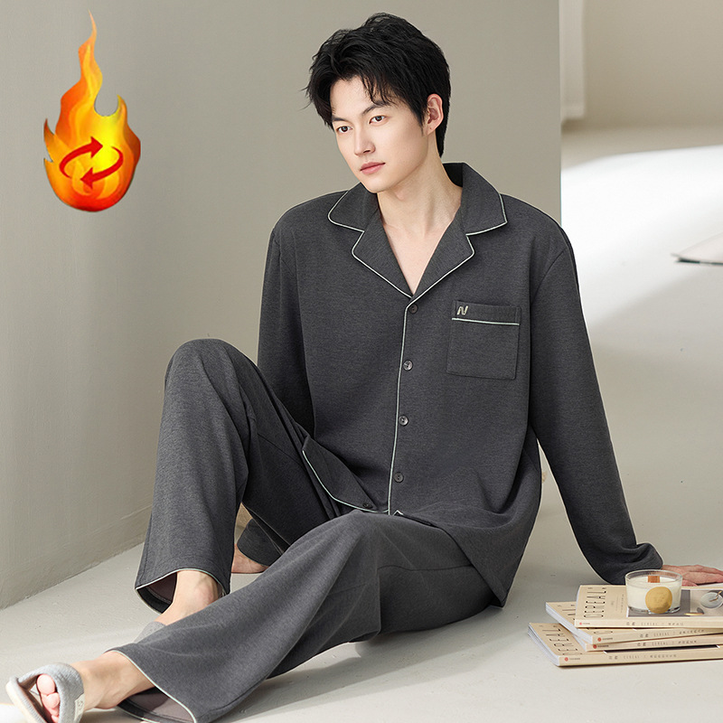 Herren-Pyjama-Set, Seide und Wolle, Langarm, mit Revers