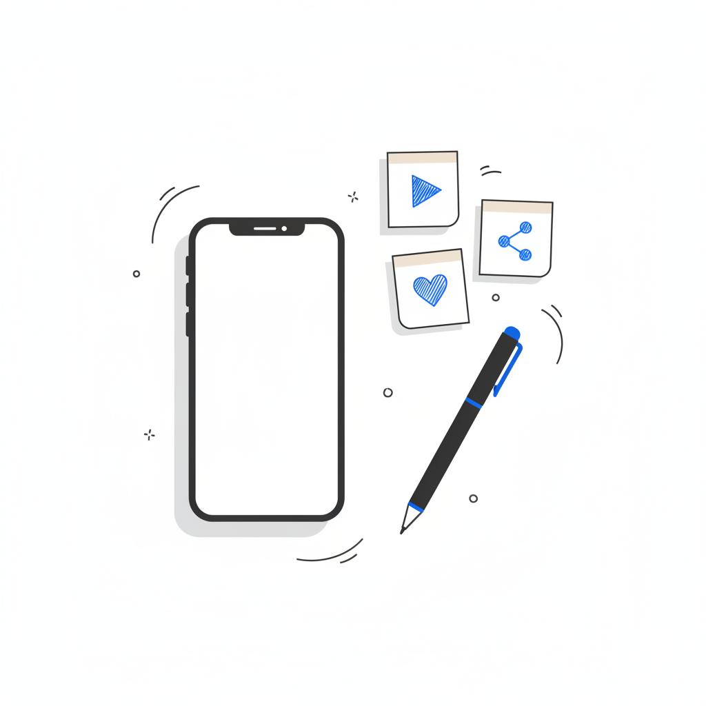 Vector flat-lay of a white desk with a smartphone mockup, pen, and three sticky notes showing play, heart, and share icons in #1a5bfb, minimal design illustrating benefits of TikTok ads