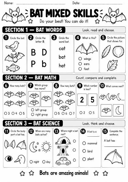 Bat Mixed Skills Worksheet