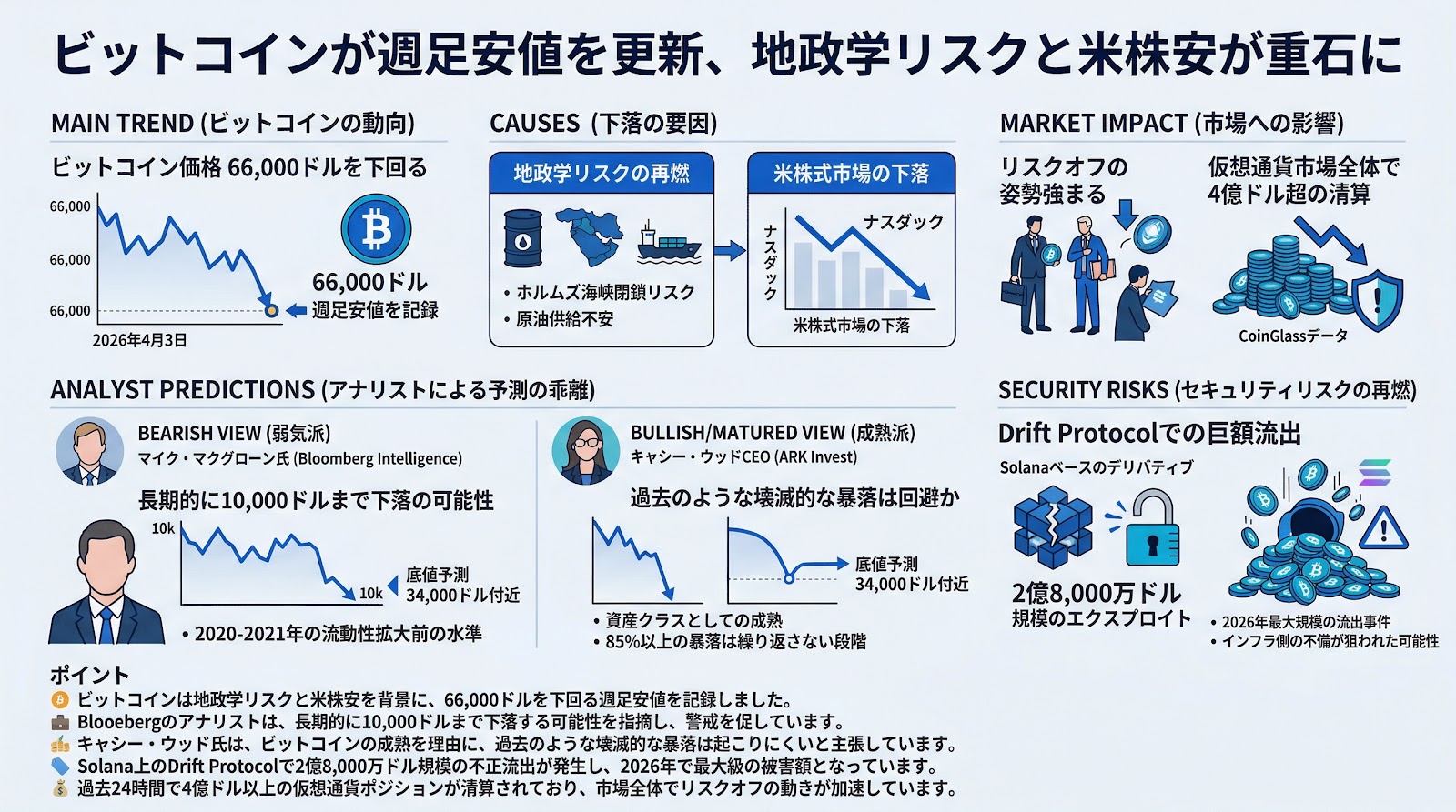 ビットコインが週足安値を更新、地政学リスクと米株安が重石に