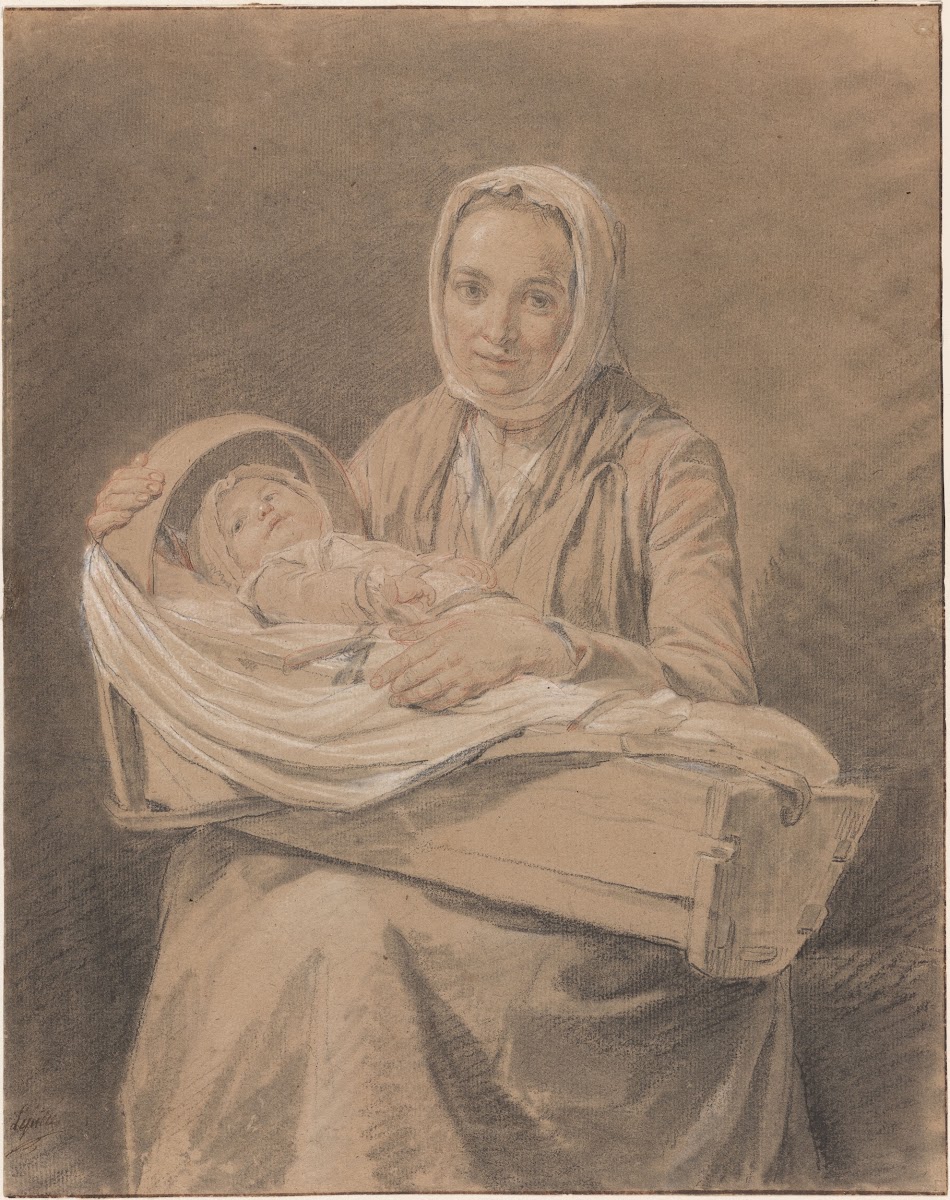 Young Mother Seated Holding her Baby in a Portable Crib on her Knees