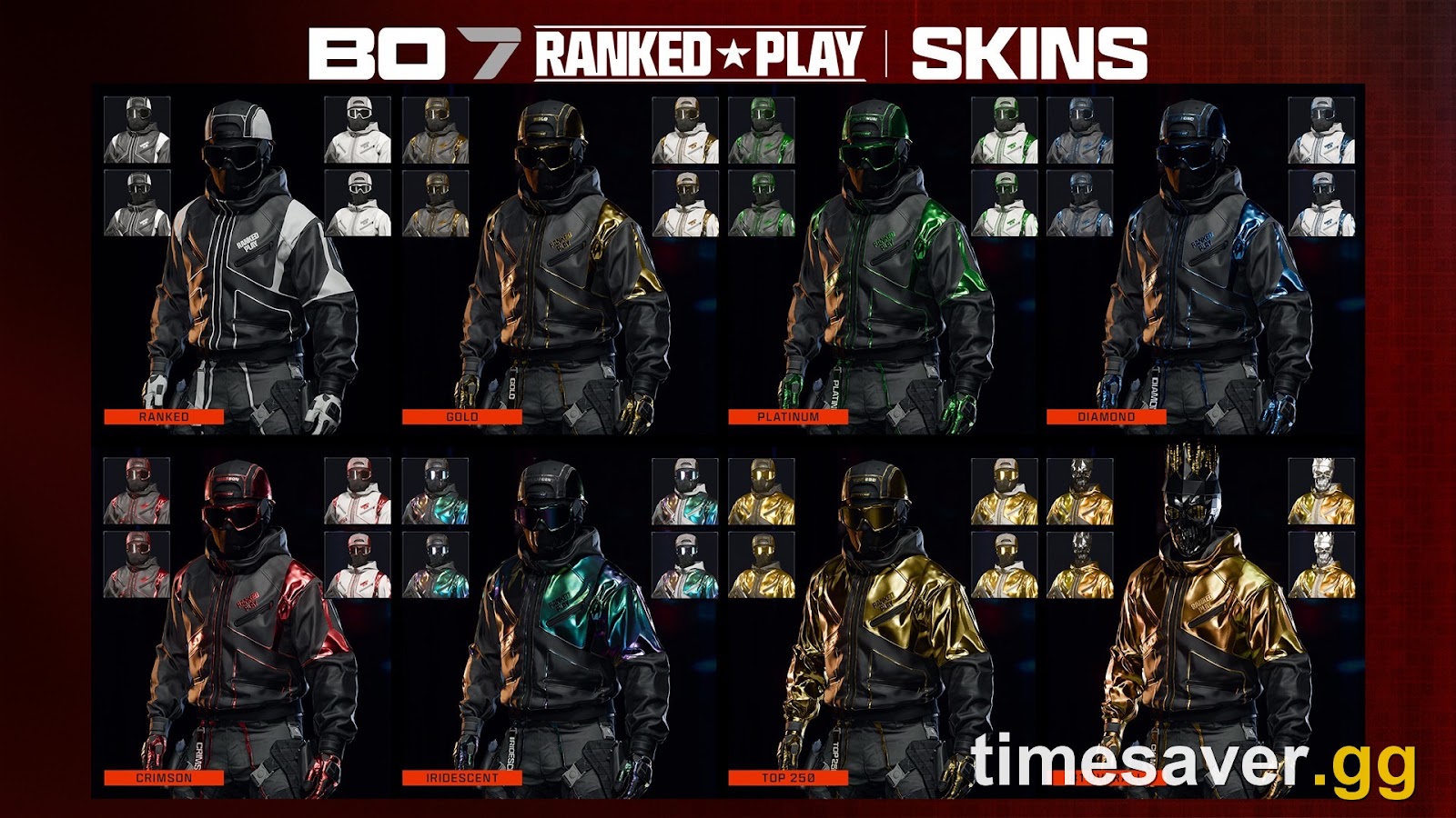 Call of Duty Ranked Play division skins across all eight tiers — the Bronze-to-Top-250 ladder MW4 is expected to inherit