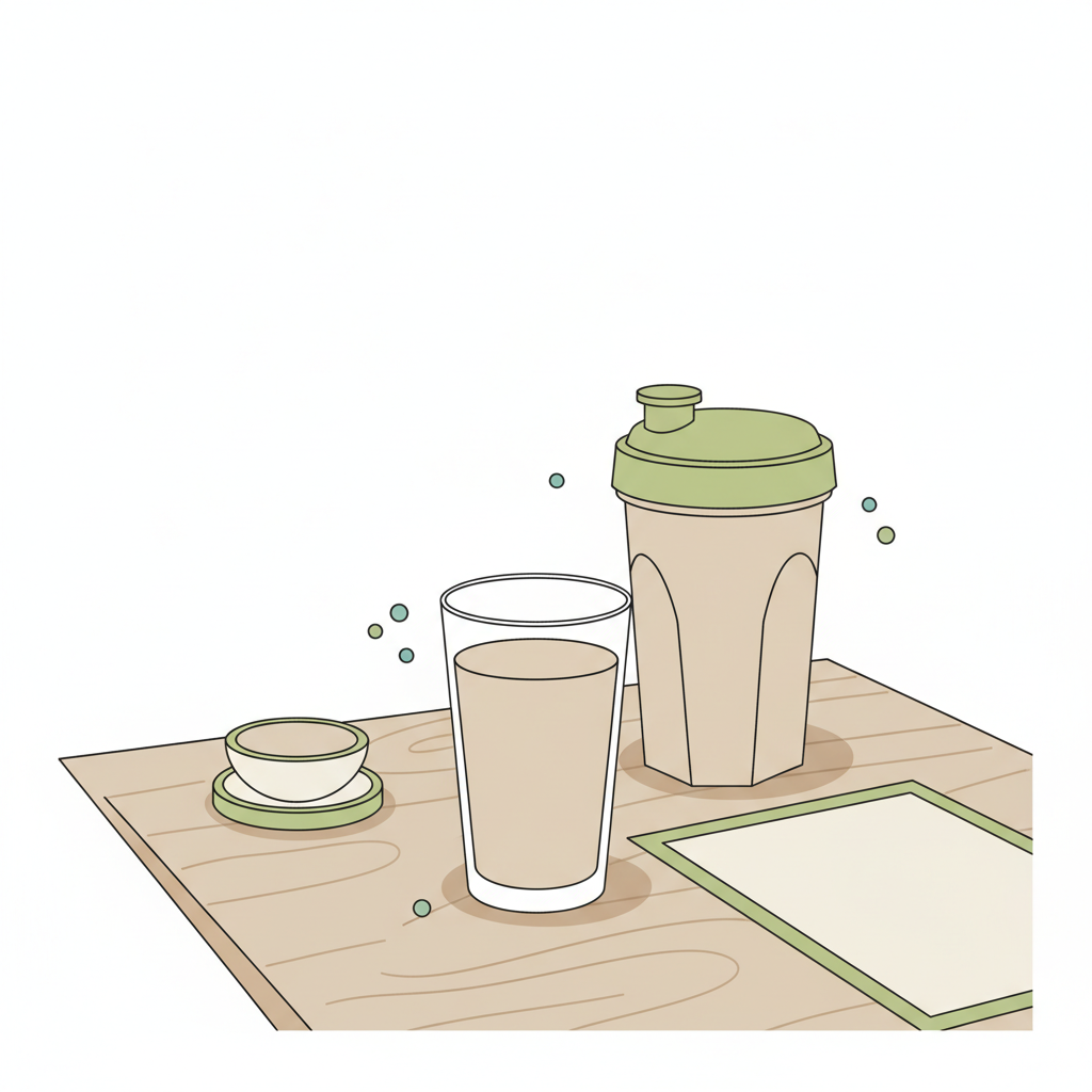 Minimalistische 2D-Vektorillustration eines pflanzlichen Protein-Shakes neben Trainingsplan und Shaker auf Holzoberfläche – CrossFit Trainingsfrequenz