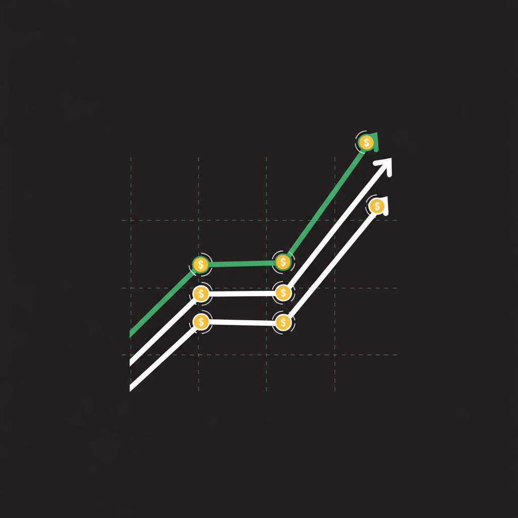 Minimal 2D vector stock chart with coin icons marking dividends on dark background using green 4aa568 and gold e6bb5b accents