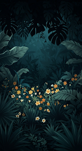 Dramatic Dark Jungle Foliage Illustration with Bright Yellow and White Tropical Flowers