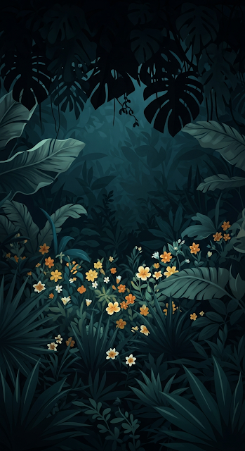 Dramatic Dark Jungle Foliage Illustration with Bright Yellow and White Tropical Flowers - Free mobile Wallpaper