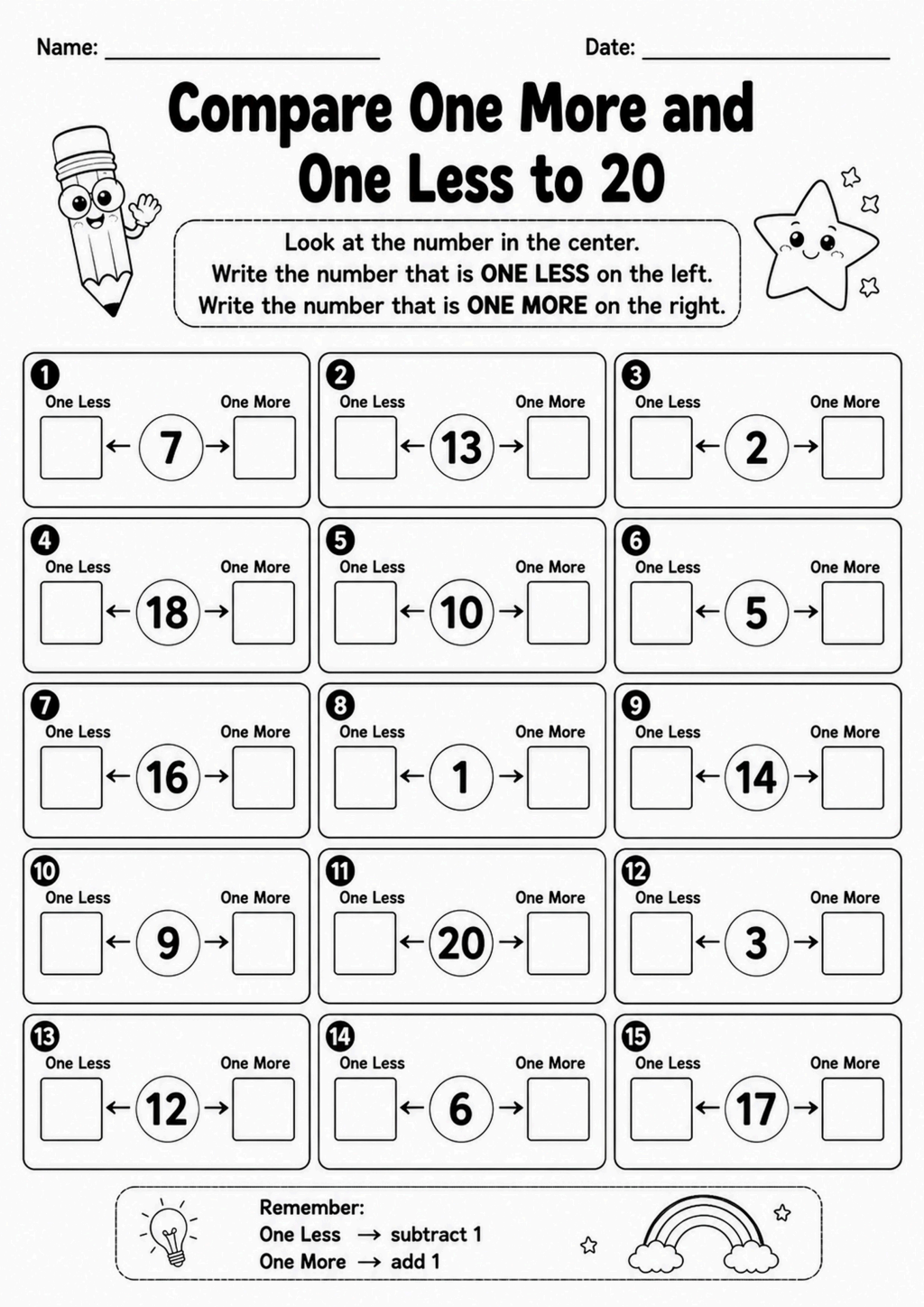 Compare One More and One Less to 20 Worksheet