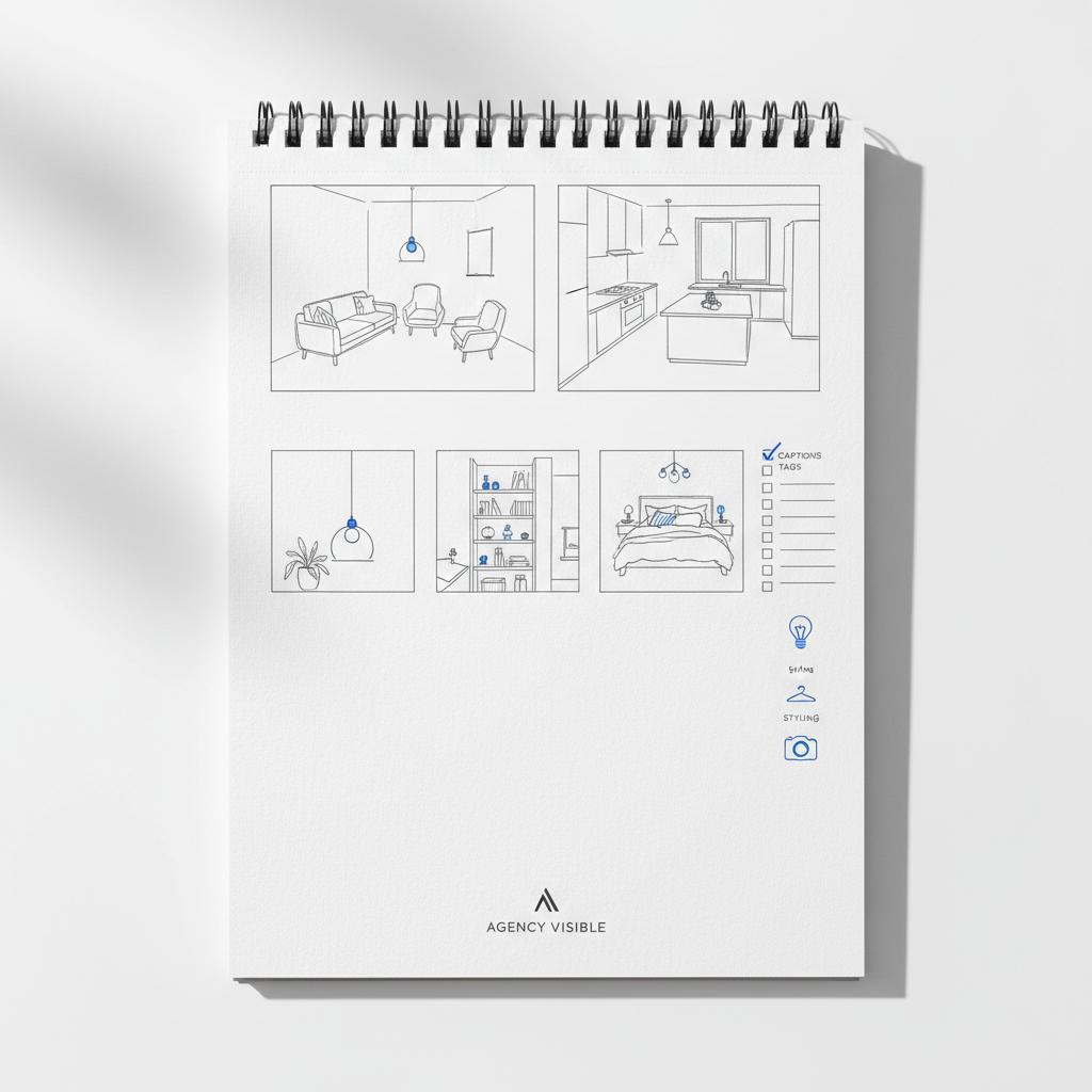 Overhead notebook page with room-layout sketches, hero-photo thumbnails and a checklist of captions and tags for how to get featured on Houzz, clean white brand aesthetic