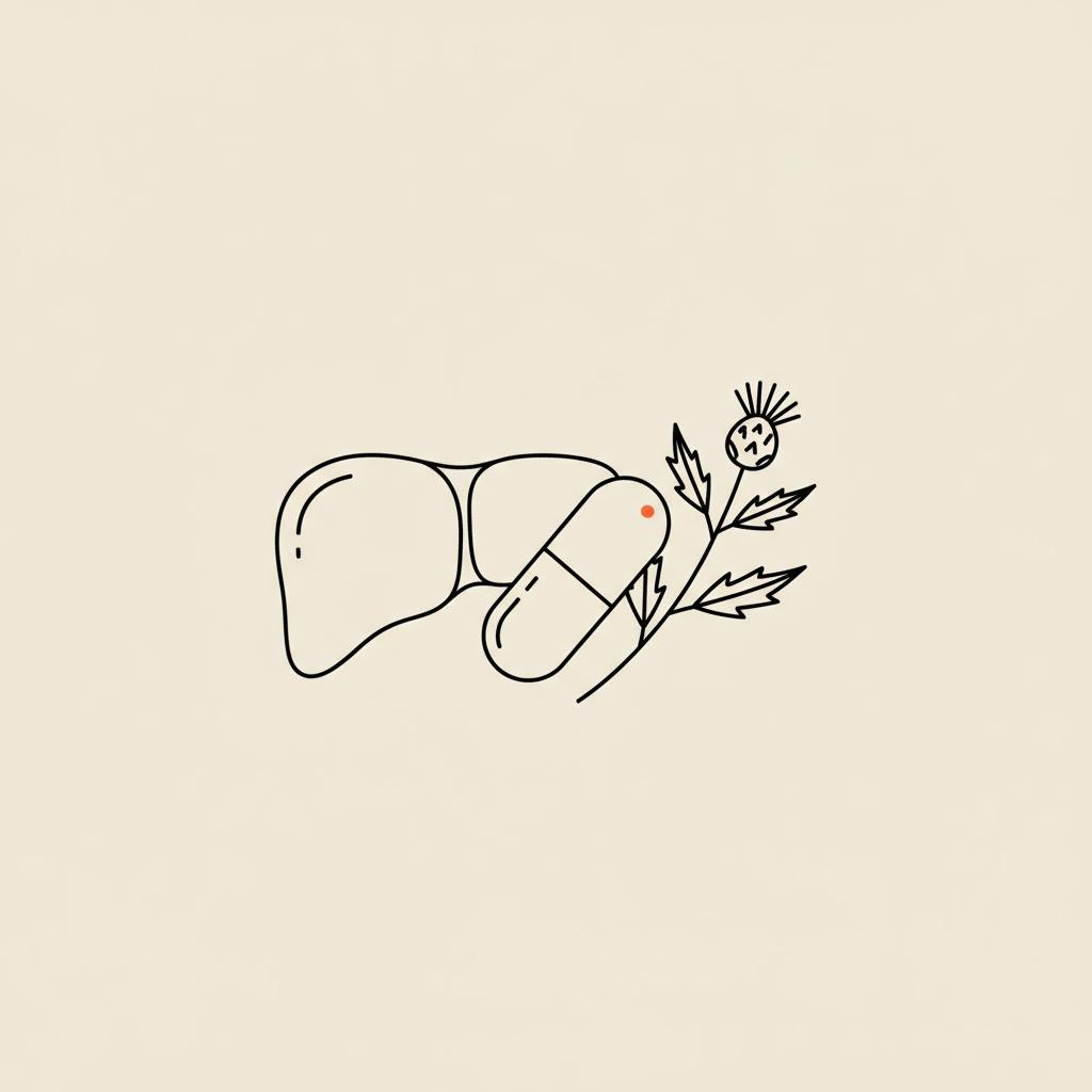 Minimalist vector line illustration of a stylized liver, capsule, and milk thistle sprig on beige background — how do you know your liver is detoxing