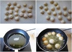 Chia bột thành từng viên nhỏ vừa ăn. Bắc chảo ngập dầu lên bếp, khi dầu nóng đều thì cho viên bột vào chiên vàng. Bánh chín, vàng đều hai mặt thì vớt ra để ráo.