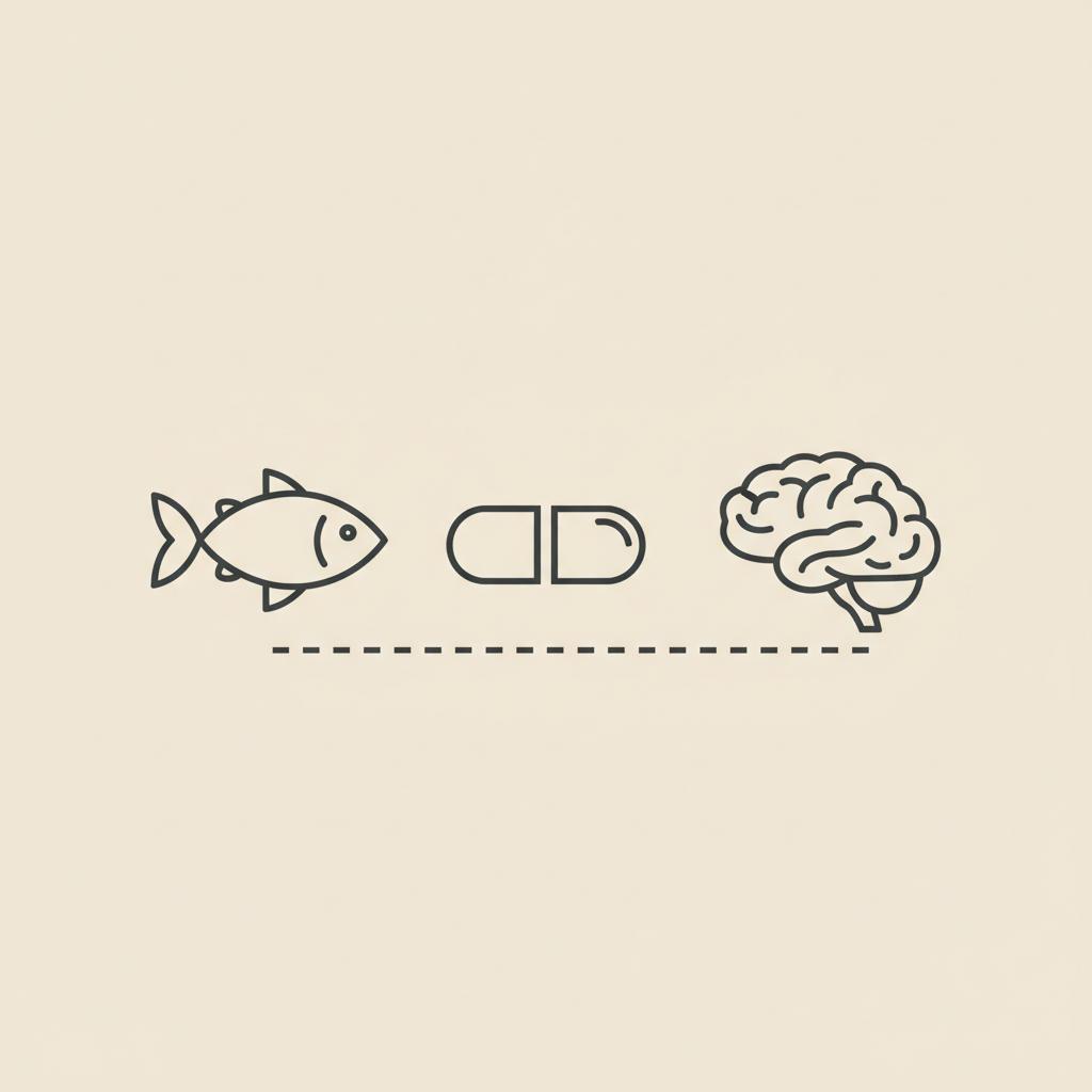 Minimal Tonum-style line illustration of a fish, capsule and stylized brain connected by a dashed line on beige background, representing best brain improvement supplement