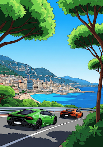 Supercars on Monaco Coast Road Art