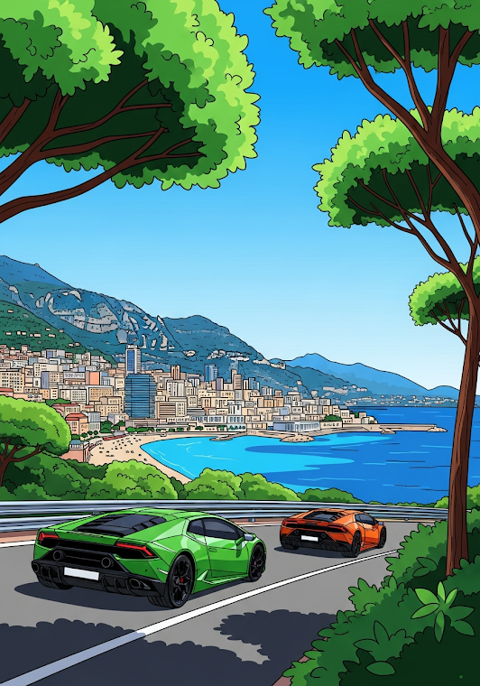 Supercars on Monaco Coast Road Art