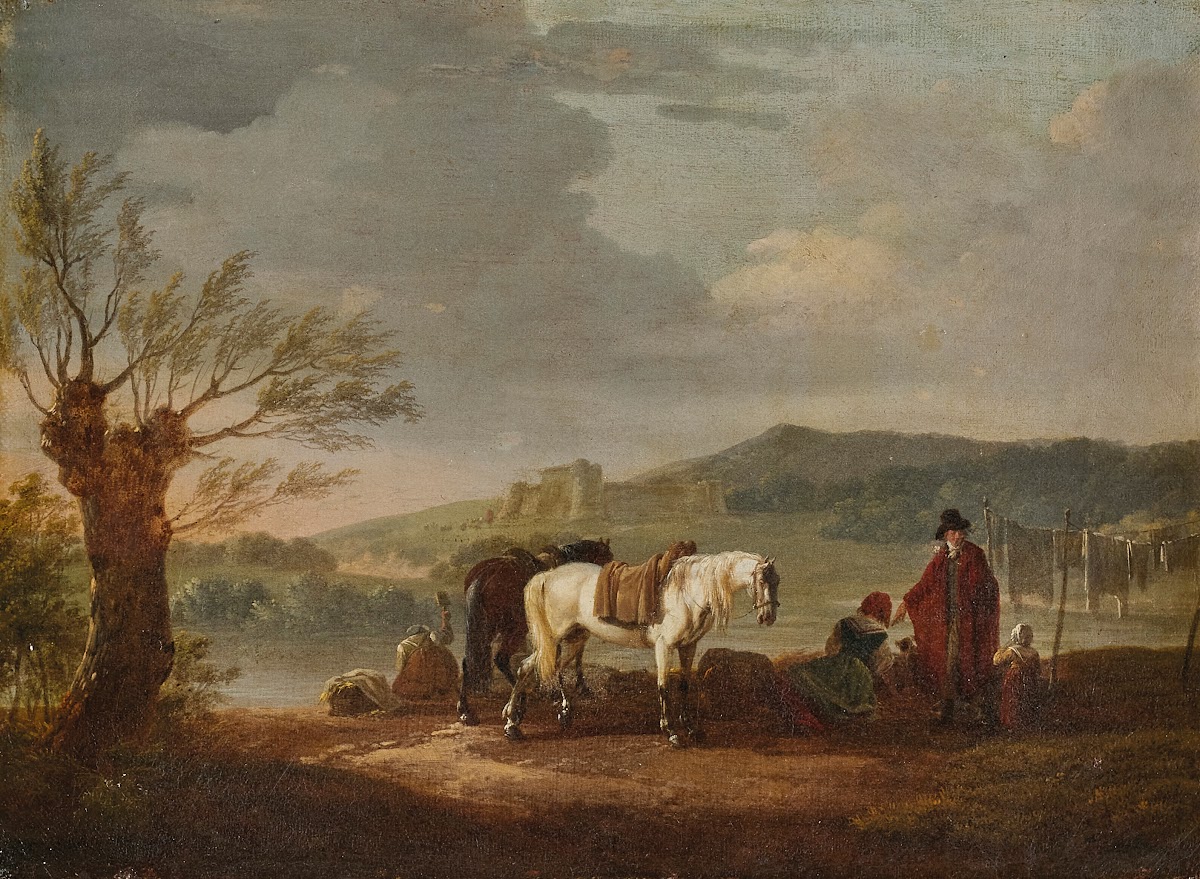 Paysage aux cavalier et lavandières