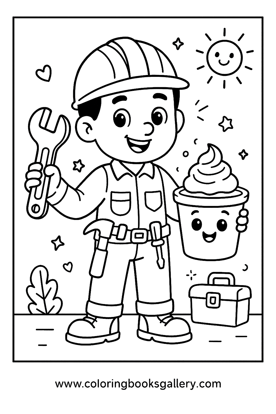 Construction worker with helmet and tools – Free Printable Coloring Sheet for Kids and Adults – printable coloring page