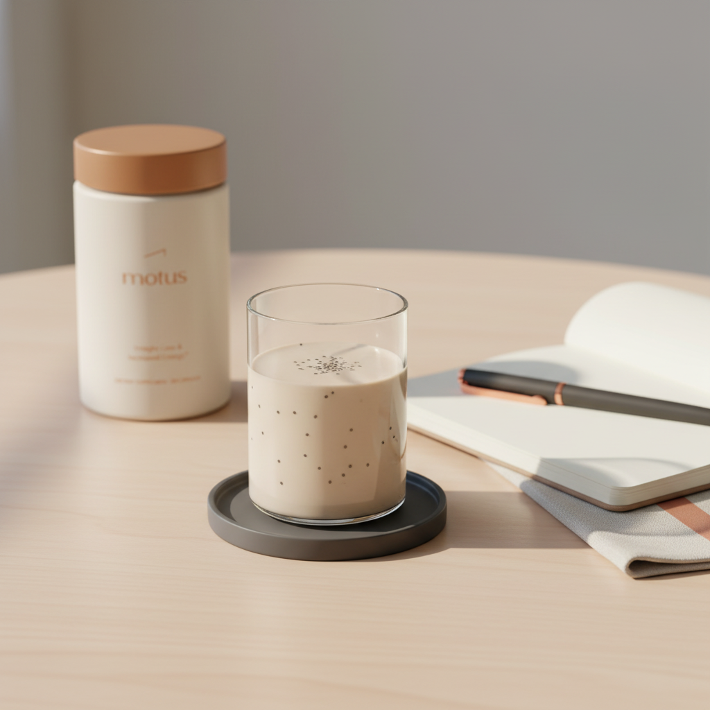 Minimalist breakfast scene with a clear glass containing the healthiest meal replacement shake, an open notebook and a Tonum Motus jar on a pale #F2E5D5 background, soft natural light.