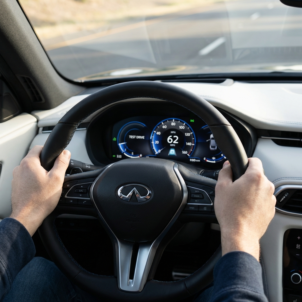 Close up of a driver gripping the steering wheel during a test drive inside an Infiniti Q50 showing instrument cluster and road ahead minimal CarFax Deals styling infiniti q50 for sale