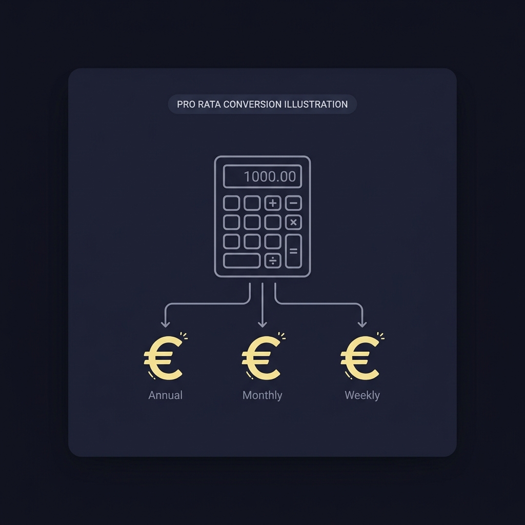 Minimalist graphic of a calculator and three euro symbols labeled annual monthly weekly illustrating pro rata conversions for athletic bilbao prediction