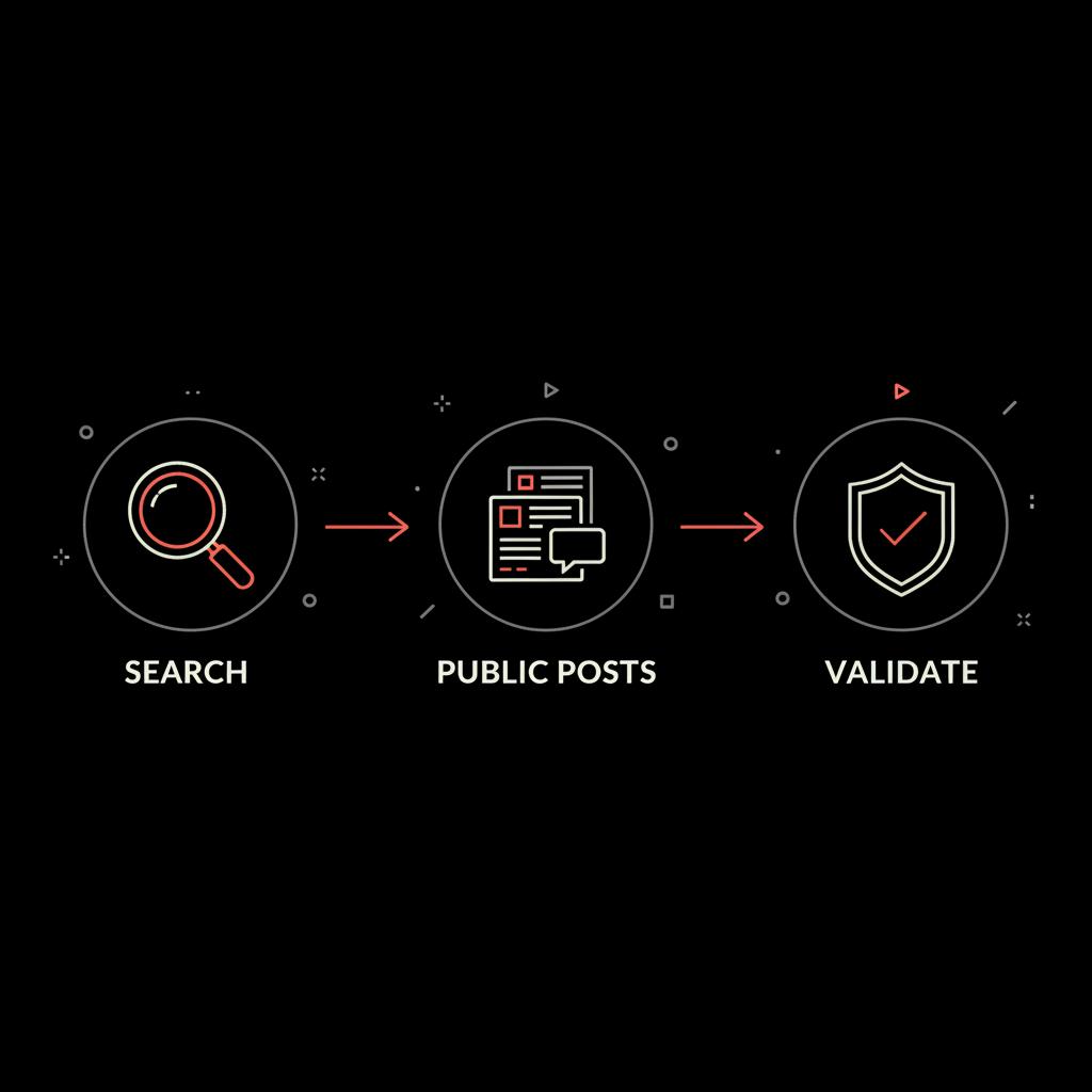 Minimal infographic with three-step flow Search → Public posts → Validate on black background, vector icons and #dc5c2b accents highlighting trending hashtags on Facebook