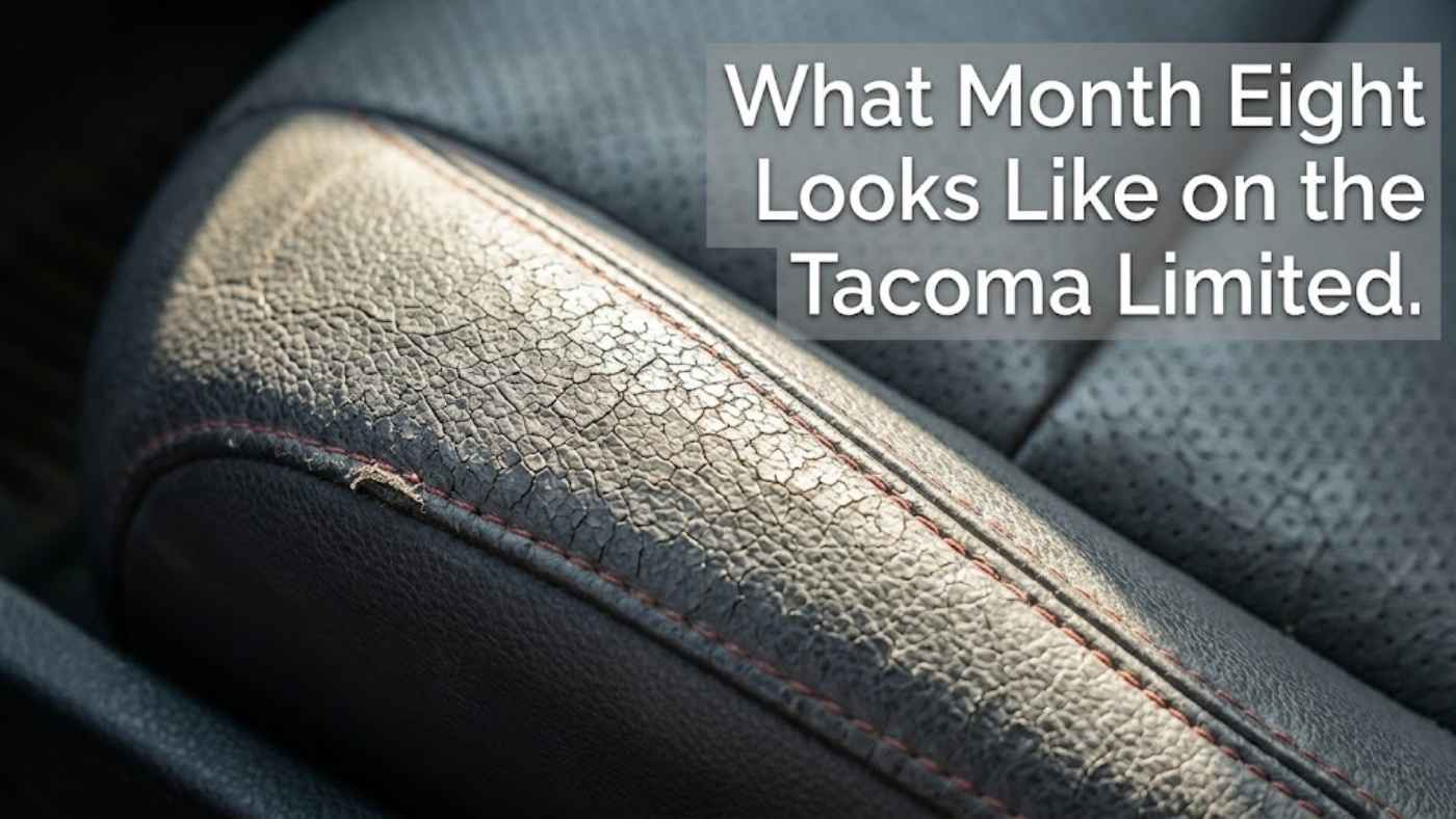 Sun and oil damage forming at the bolster of an unprotected 2027 Toyota Tacoma Limited leather seat