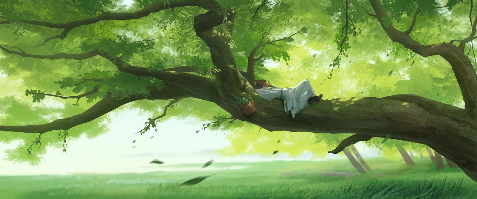 Scholar Resting On Great Tree - Digital Painting Art 4K Wallpaper (6000x2500)