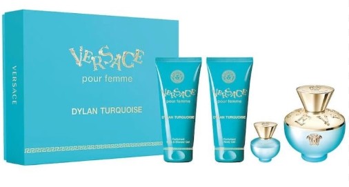 ESTUCHE VERSACE DYLAN TURQUOISE MUJER 4PZS 100ML EDT + 5ML EDT + CREMA + GEL DE BAÑO