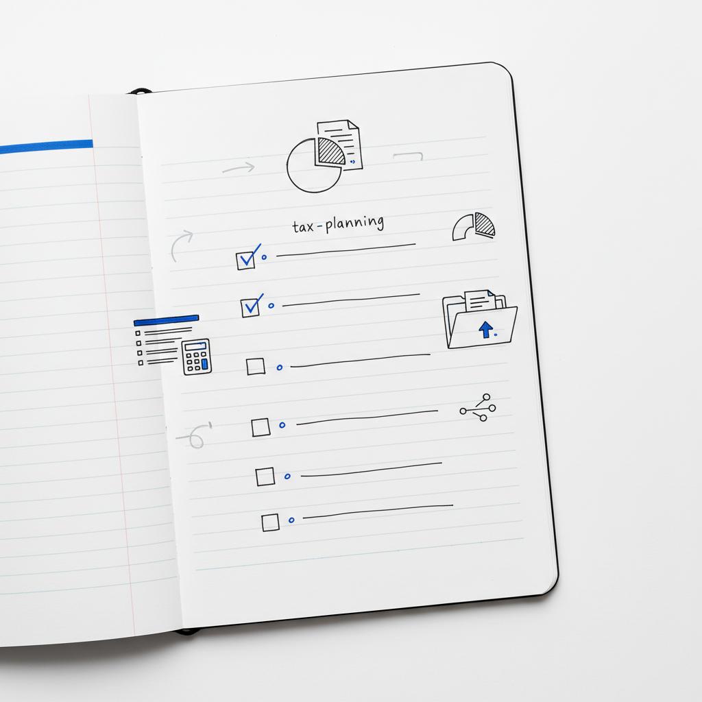 Full-frame close-up of a minimalist notebook checklist with ink sketches of bookkeeping, tax planning and client onboarding icons in Agency Visible colors &mdash; how to get new clients as a CPA