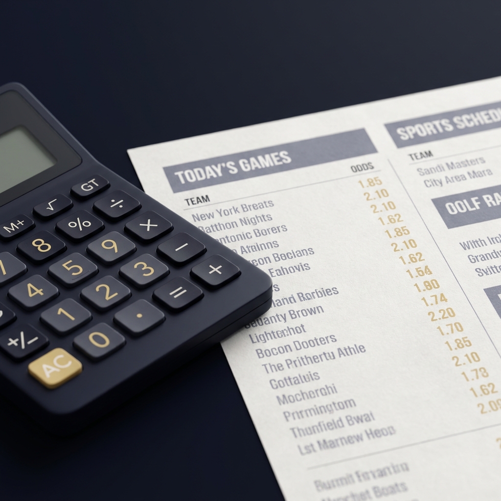 Close up of a calculator and sports schedule with clear decimal odds visible in a minimalist Funded Plays style dark navy background gold accents decimal to odds converter