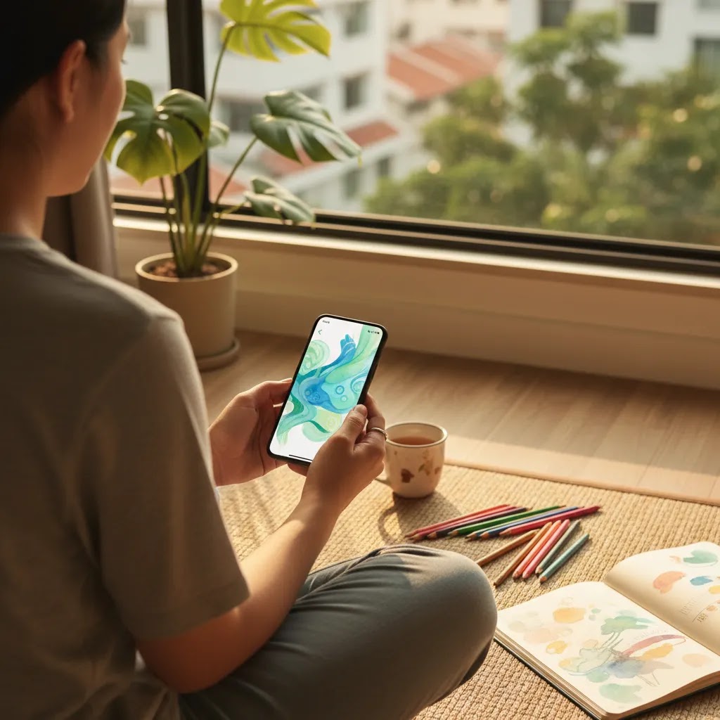 Meditation Singapore at-home practice image with smartphone and creative journaling tools for a gentle beginner option