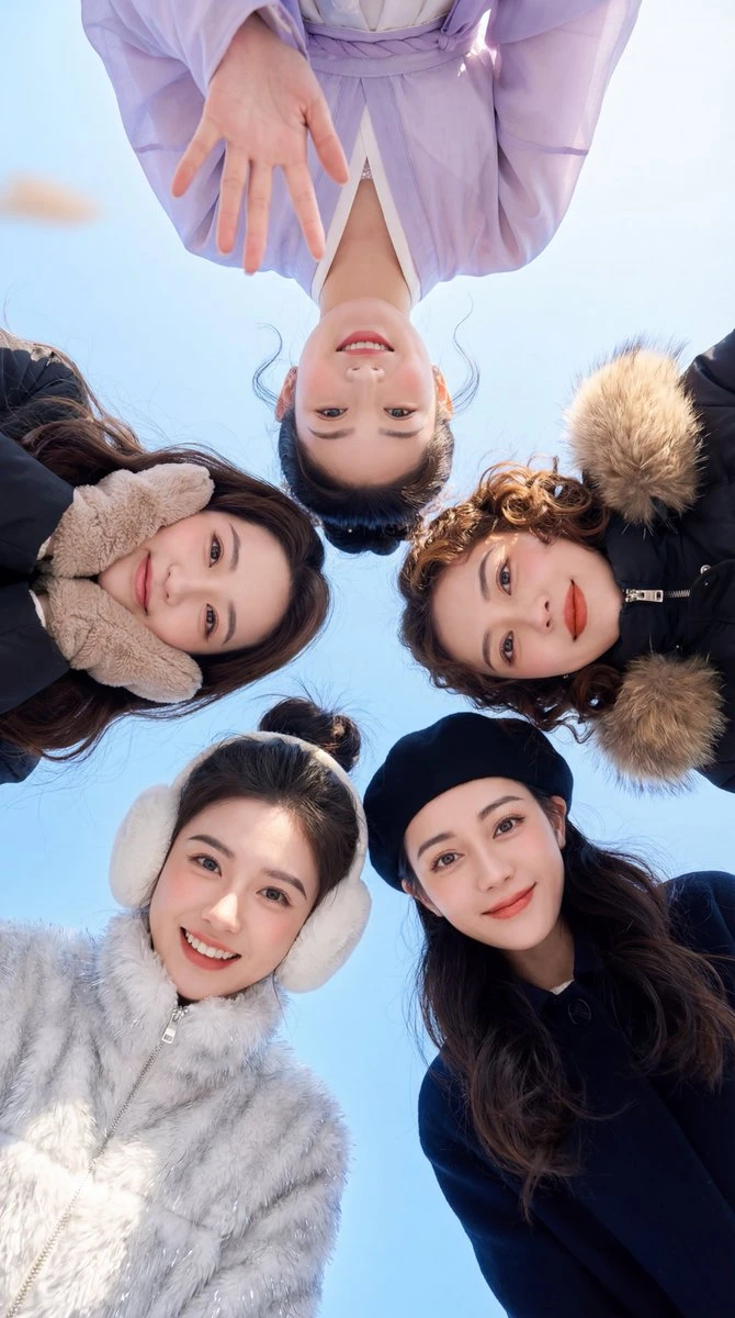 Foto grupal de invierno con estricta identidad en primer plano.