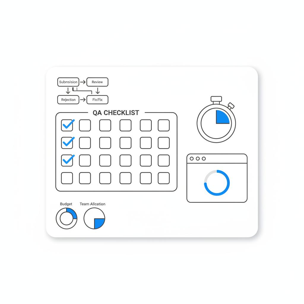 Overhead vector planner page showing QA checklist icons &mdash; checkboxes, stopwatch and browser loading illustration in white, dark gray and brand blue; instagram ads rejected