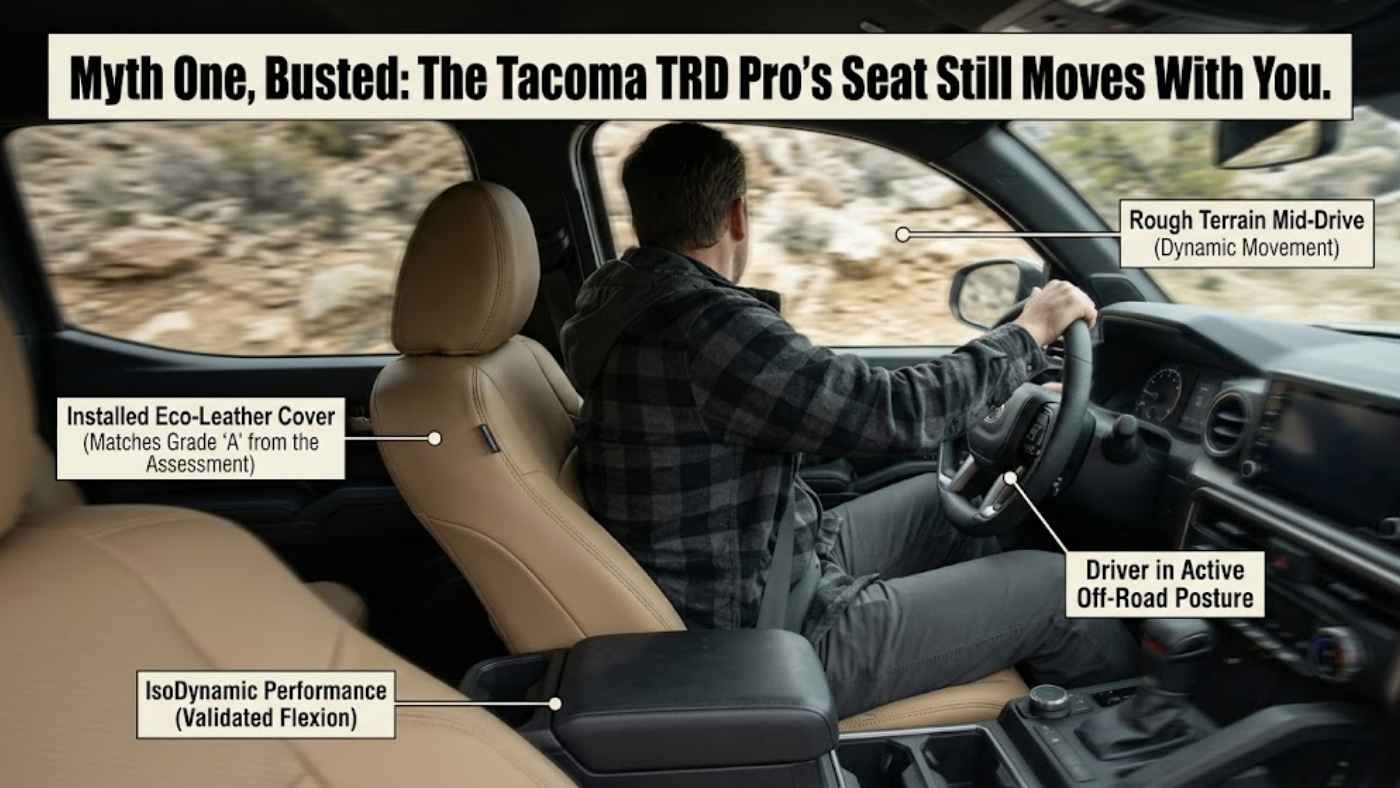 Custom-style eco-leather seat cover fitted over the IsoDynamic performance seat of a 2027 Toyota Tacoma TRD Pro