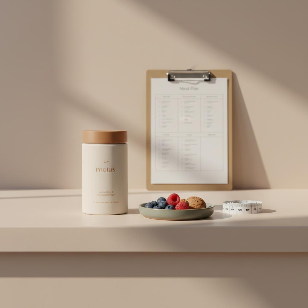 Motus supplement container on a minimalist kitchen island beside a meal-plan clipboard, berries, walnuts and measuring tape, evoking liver function metabolism.