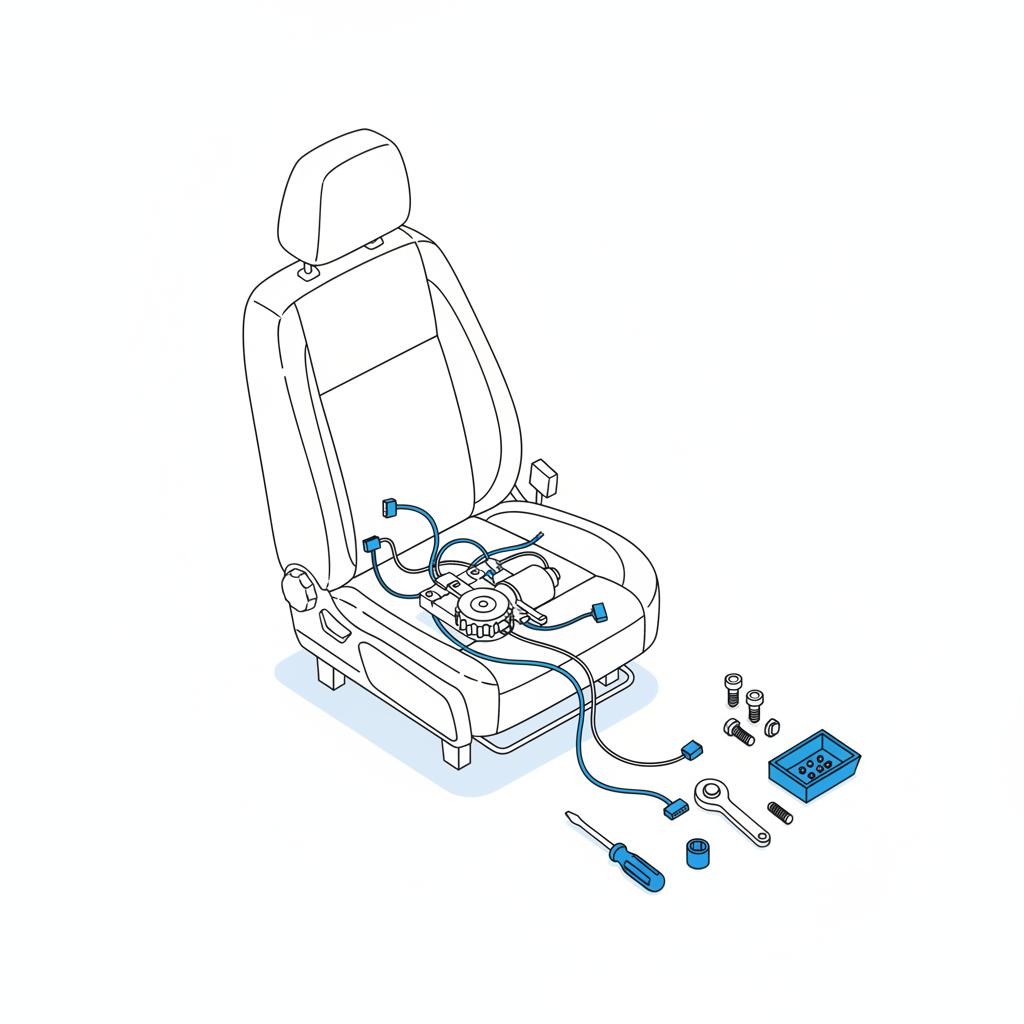 Minimalist 2D vector of a partially disassembled car seat with exposed power seat motor and tools on white background kia telluride for sale