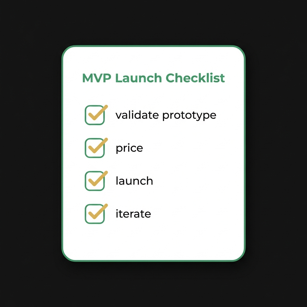 Minimalist checklist graphic for MVP launch showing steps validate prototype price launch on dark brand background illustrating passive ways of income