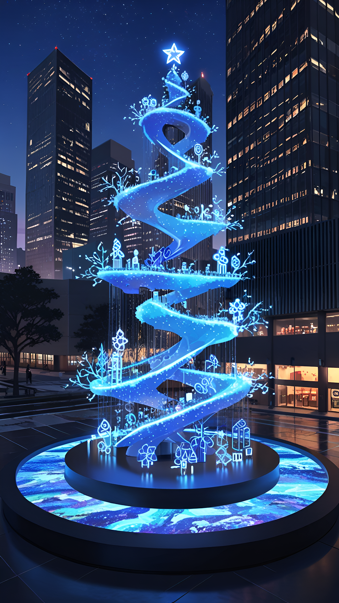 Glowing Blue Holographic Christmas Tree in City at Night - Free 4K mobile Wallpaper