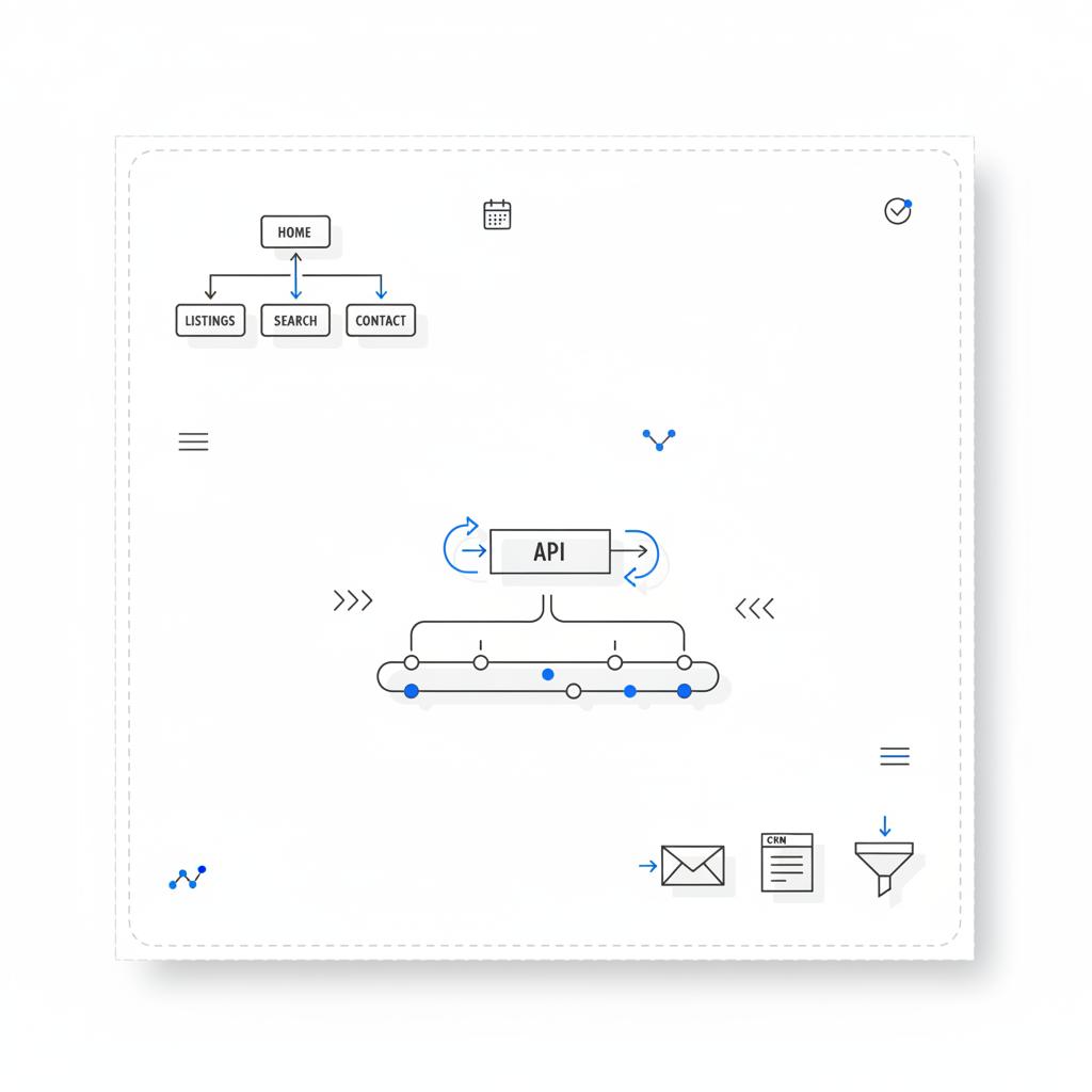 Minimal 2D vector notebook sketch showing site hierarchy, IDX integration flow, CRM and lead capture icons for best real estate website builder in Agency Visible colors.