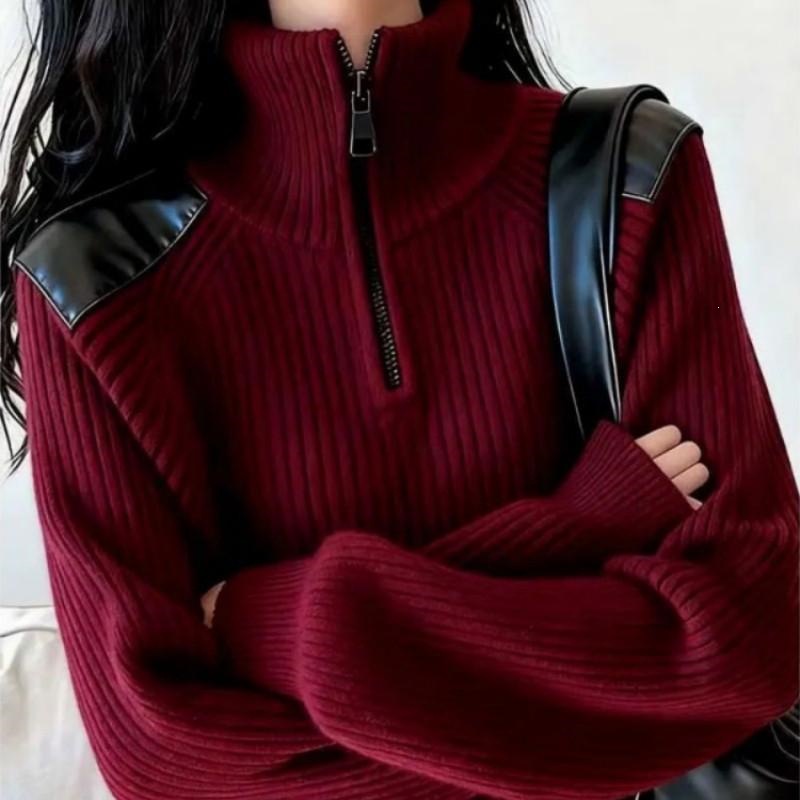 Damen-Strickpullover mit Reißverschluss und Stehkragen