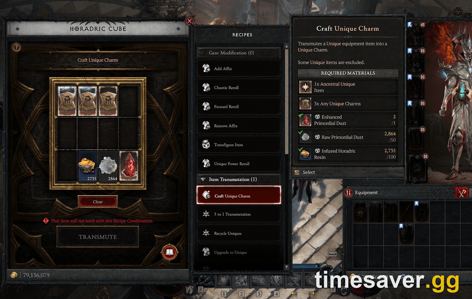 Diablo 4 Craft Unique Charm recipe selected in the Horadric Cube with the Required Materials panel listing 1x Ancestral Unique Item, 3x Any Unique Charms, Enhanced Primordial Dust, Raw Primordial Dust and Infused Horadric Resin