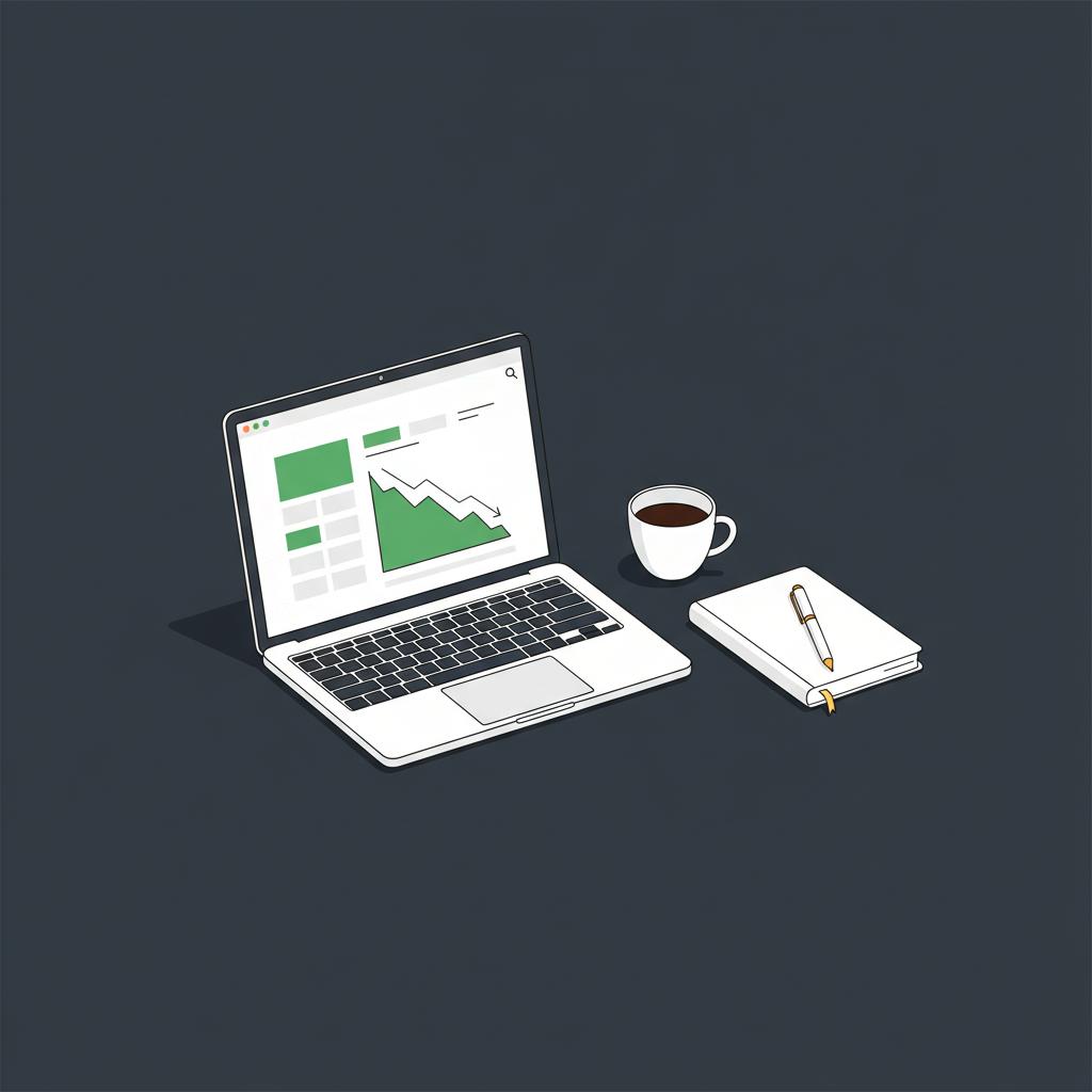 Minimal 2D vector tidy desk with laptop showing a generic portfolio line chart indicating Coinbase stock falling next to notebook pen and coffee on dark brand background