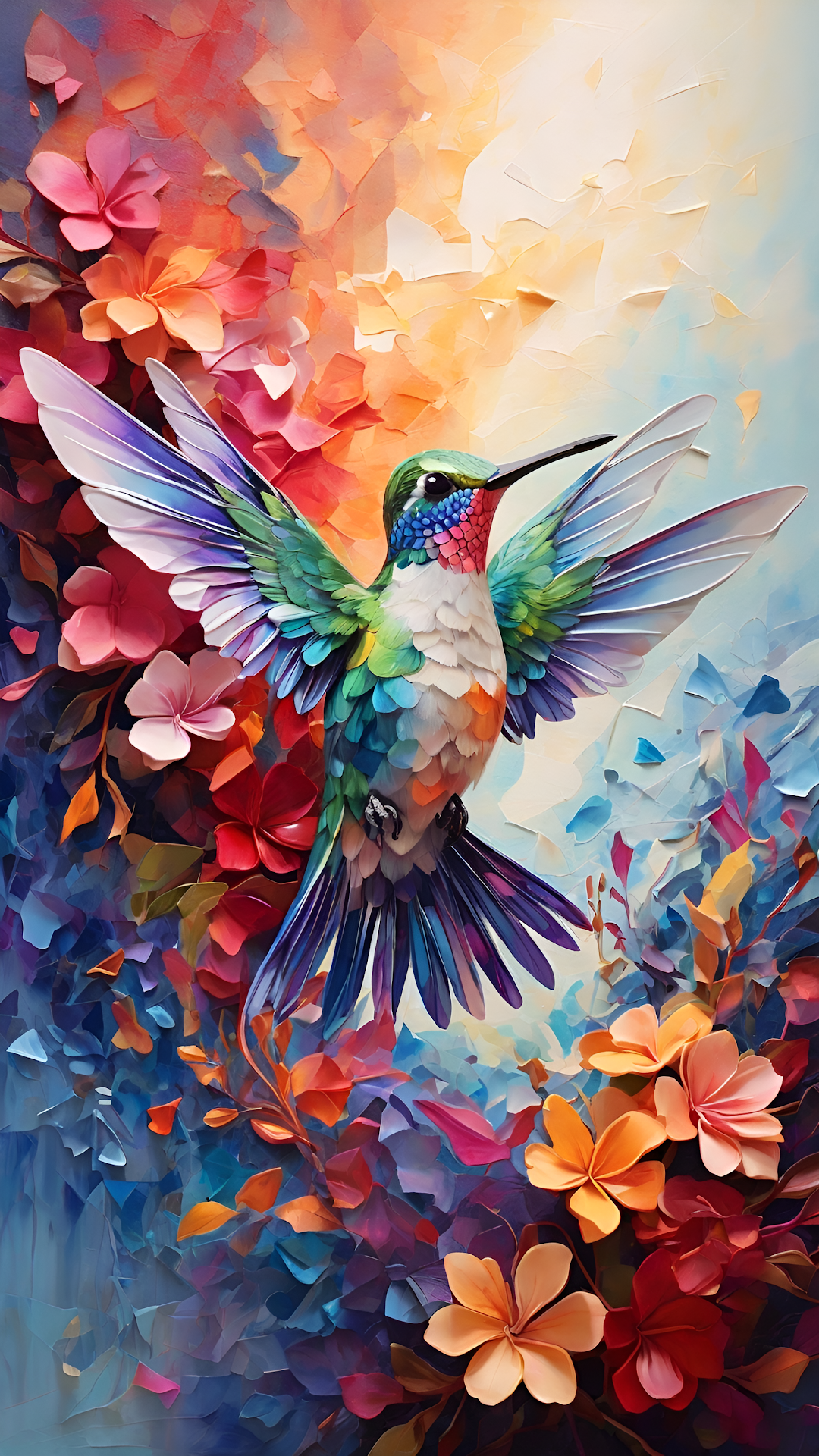 Impasto Hummingbird Painting Vibrant Floral Texture - Free 4K mobile Wallpaper