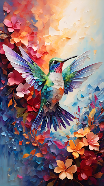 Impasto Hummingbird Painting Vibrant Floral Texture - Free mobile Wallpaper