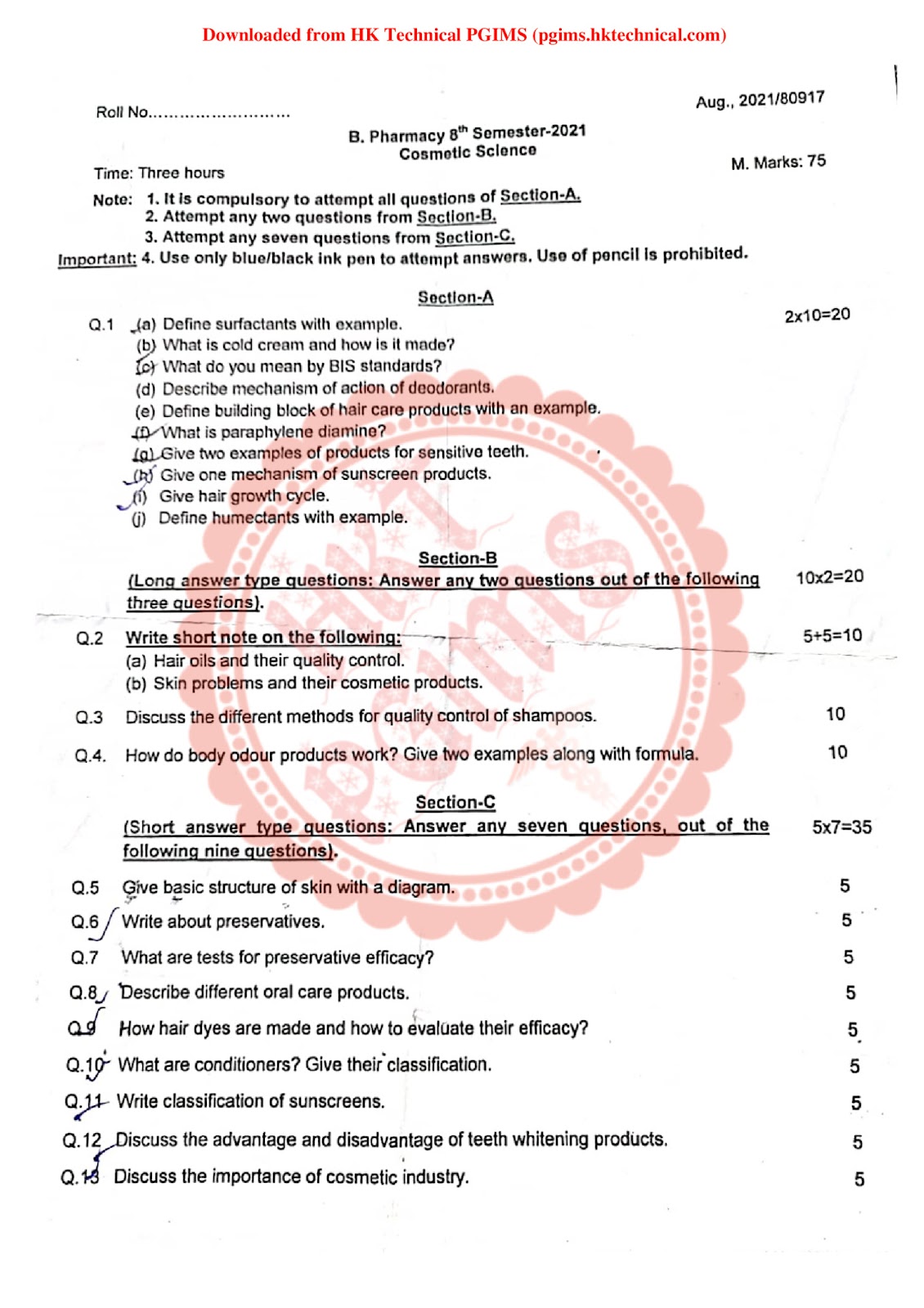 BP809ET Cosmetic Science UHSR 8th Semester B.Pharmacy Previous Year's Question Paper,BP809ET Cosmetic Science,BPharmacy,BPharm 8th Semester,Previous Year's Question Papers,