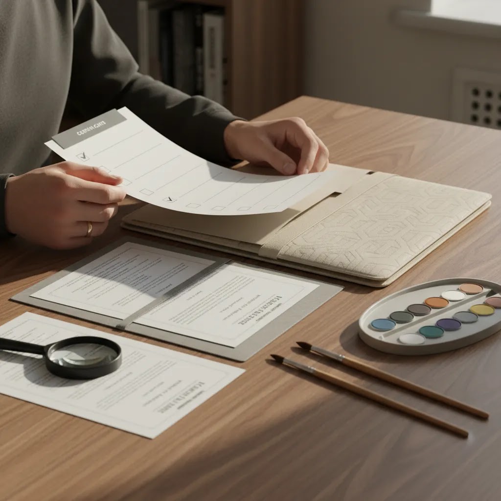 Qualified art therapist Singapore checklist with documents, notes, and art materials in a calm professional setting